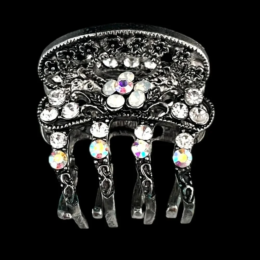 Vintage 1980s Hair Clip Antique Silver Tone Crystal Ornate Barrette - 11Q